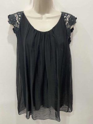 Black Or Khaki Silk Mix Lace Cap Sleeveless top