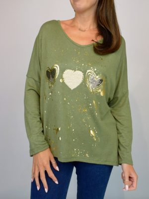 Khaki Or Brown Foil Heart Trio Light Weight Jumper