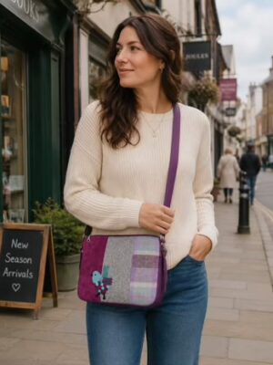 Purple "Bird" Tweed Applique Messenger Bag