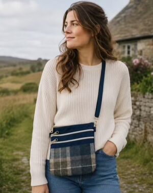 Blue Tweed 3 Zip Pouch Bag