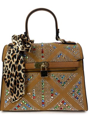 Tan, Black, Or Grey Diamante Embellished With Cute Animal Print Tie Detail Bag