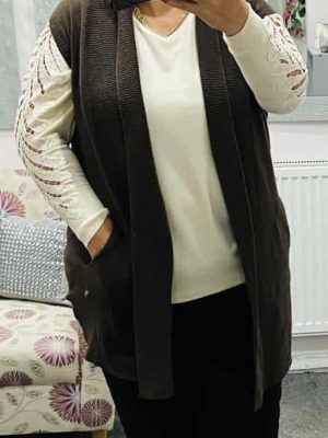 Chocolate Brown Above The Knee Knitted Sleeveless Cardigan