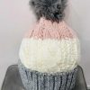 Grey/Cream/Pink Stripe Pom Pom Wool Mix Hat