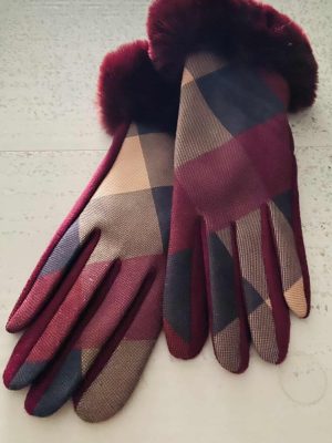 Wine Or Grey Sparkly Check Print Faux Fur Cuff Gloves