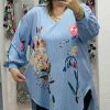 Oversized Blue/Brown Pinstripe Floral Print Long High/Low Shirt