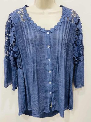 Navy Lace Detail Button Front 3/4 Sleeve Cotton Mix Top