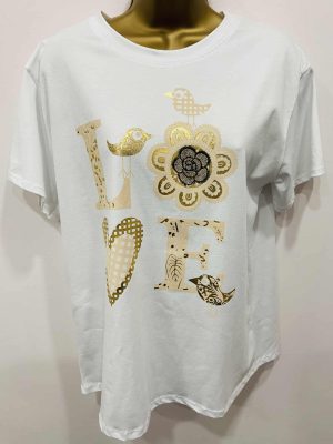 "LOVE" Beige Foil Print Short Sleeve Cotton T-Shirt