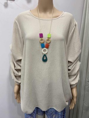 Beige Or Pink Frill Plain Sleeve Top With Necklace Included