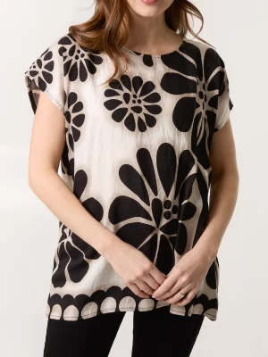 Black/Beige Large Floral Print Short Sleeve Top