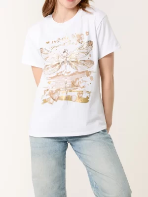 Dragonfly, Beige Foil Print Diamante Short Sleeve Cotton T-Shirt