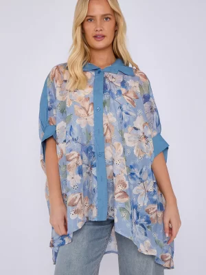 Blue Or Mustard Floral Print Oversized Anglaise Cotton Top
