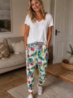 Plus Size Floral Leaf Print Cotton Joggers
