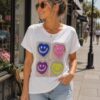 White, Bright Diamante Embellished Smiling Emoji Print Cotton Short Sleeve T-Shirt