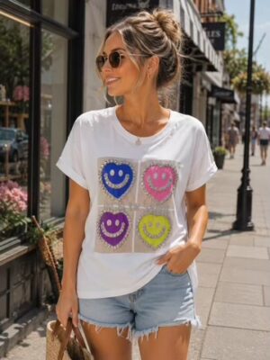 White, Bright Diamante Embellished Smiling Emoji Print Cotton Short Sleeve T-Shirt