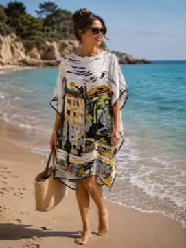 Black/White Silk Mix V Neck Cover Up
