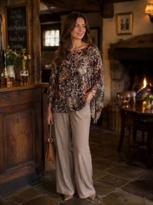 Brown Animal Print Silk Blouse