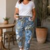Regular Light Denim Large Floral Print Cotton Joggers