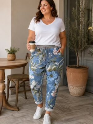 Regular Light Denim Large Floral Print Cotton Joggers