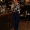 Navy, Black, Or Beige Plain Straight Belted Cotton Trousers