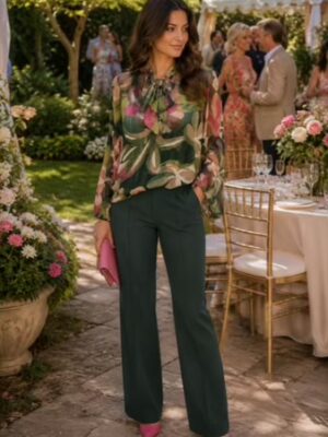 Wine, Green ,Or Blue Floral Print Pussy Bow Blouse