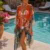 Orange Floral Print Tie Front Cotton Mix Cover Up