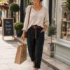Black,  Daisy Print Suedette Belted Trousers