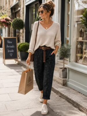 Black,  Daisy Print Suedette Belted Trousers