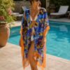 Blue Abstract Print With Orange Trim Tie Front Cotton Mix Cover Up