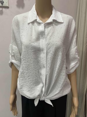 White  Diamante Front Detail Tie Waist Top