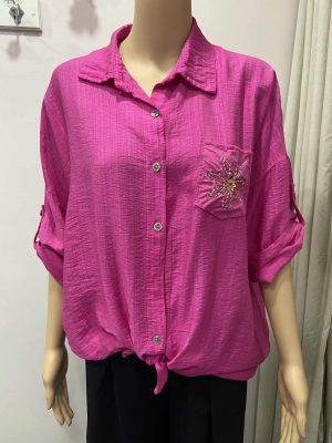 Cerise Diamante Pocket Detail Tie Waist Top