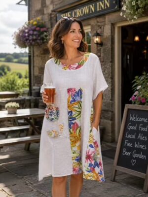 White Floral Print Cotton Tunic Dress/Top