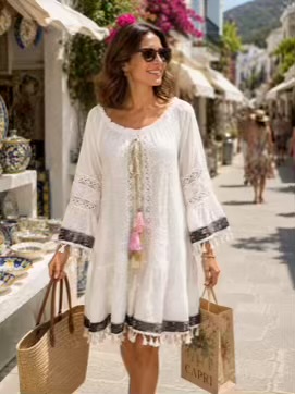 White Pink Tassel With Black Sequin Trim Detail Cotton Boho Dress/Tunic