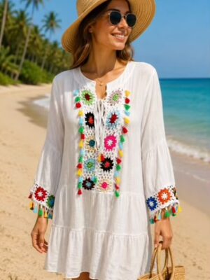 White Or Black Crochet Tassel Tunic Cotton Mix Top/Dress