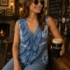 Blue Or White Tie Dye Frill Front Sleeveless Linen Mix Top