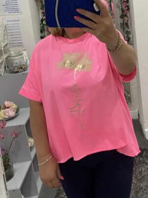 Oversized Neon Pink Floral Print High Low Cotton Top