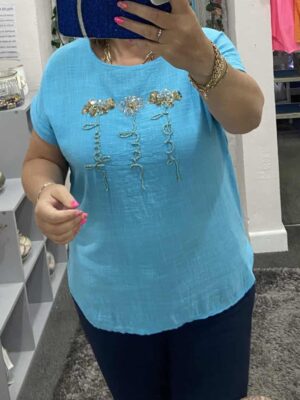Turquoise Or Orange Sequin Embroidered Flower "love live laugh" detail Cotton Top