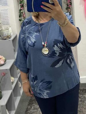 Navy Or Khaki Floral Print Cotton Top With Necklace