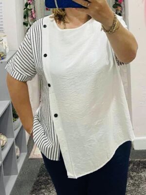 White Stripe Print Button Detail Cotton Mix Top