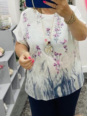 White Floral Print Cotton Top With Necklace