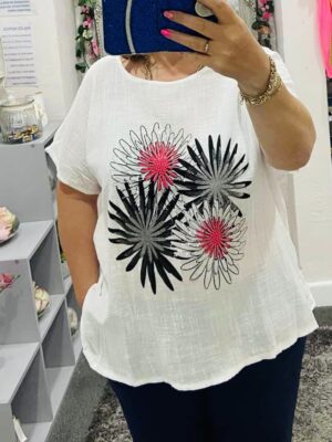 White Diamante Dahlia Print Cotton Top