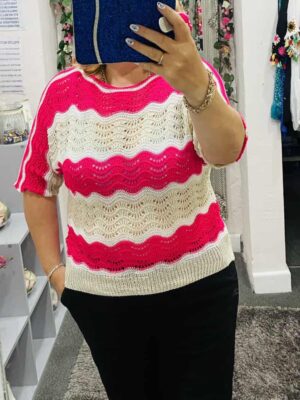 Neon Pink/Beige Zig Zag Print Light Weight Knitted Top