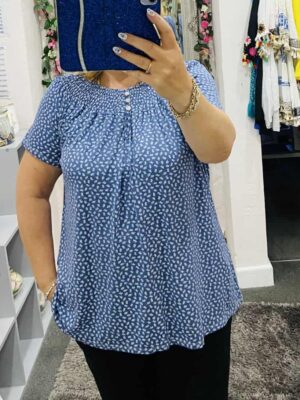 Denim Blue, Pale Pink, Or White Black Mini Floral Print Short Sleeve Top