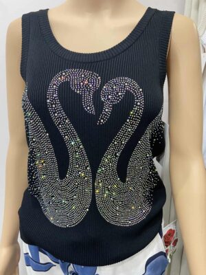 Black Or Beige Diamante Swan Detail Vest Top