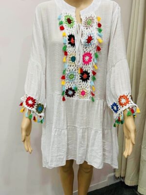 White Or Black Crochet Tassel Tunic Cotton Mix Top/Dress