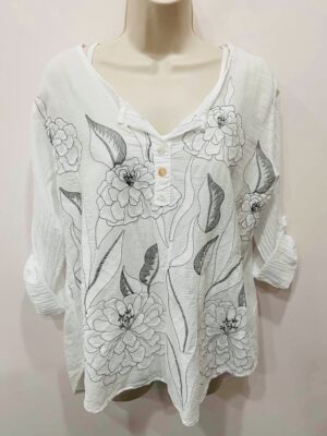 White Grey Floral Embroidered Button Front Cotton Top
