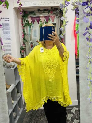 Yellow Or Orange Lace Detail Cotton Mix Kaftan