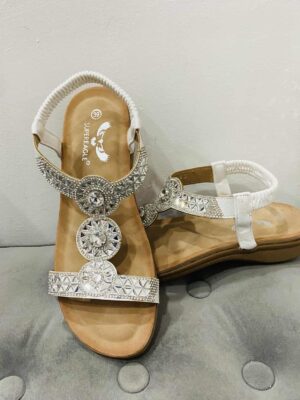 White Diamante Circle Trio Sparkly Sandals With Elasticated Halter Strap