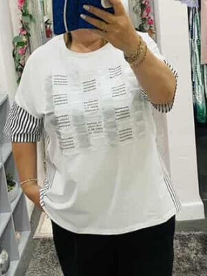 White, Grey Diamante Studded Detail Cotton Mix Top