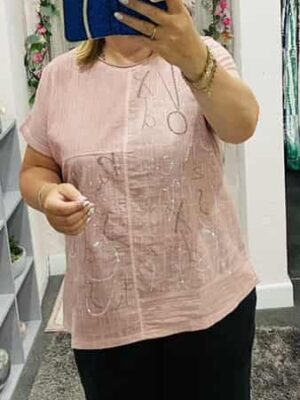 Pink Diamante Letters Embellished Cotton Mix Top