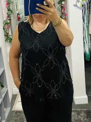 Black, Navy, Or Pink Diamante Floral Sleeveless Top